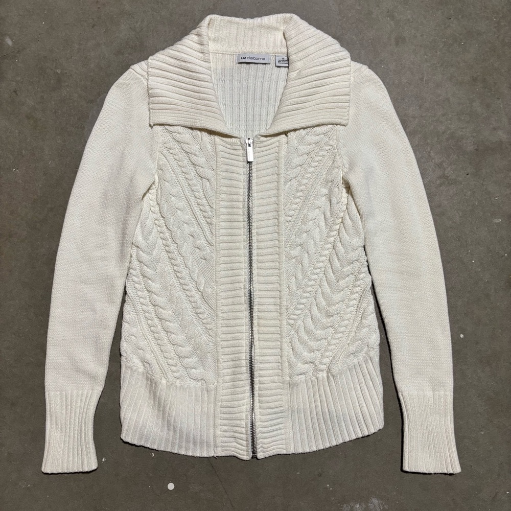 Y2K Liz Claiborne White Cable Knit Zip Up Sweater Cardigan Rory Gilmore 2000s